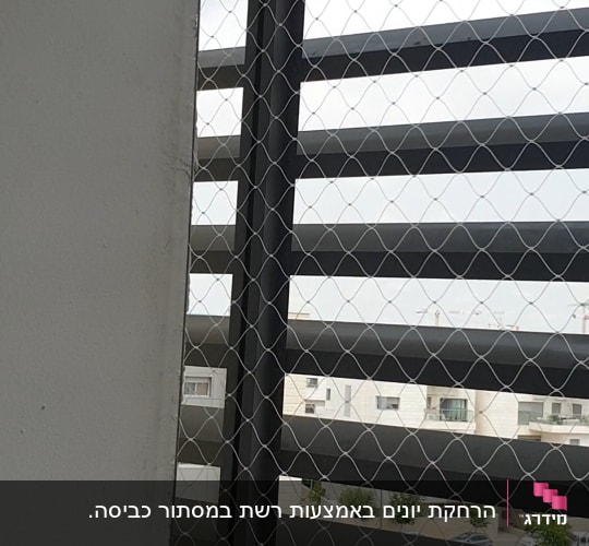 רשת מתכת מותקנת על חלון למניעת כניסת יונים